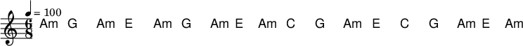 

\version "2.12.3"

\language "deutsch"

\header {
  tagline = ""
}

\layout {
  indent = #0
} 

akkorde = \chordmode {
    \germanChords
    \set chordChanges = ##t
    s8 a1*6/8:m g a:m e a:m g a1*3/8:m e a1*6/8:m c g a:m e c g a1*3/8:m e a1*6/8:m
}

global = {
  \autoBeamOff
  \tempo 4 = 100
  \time 6/8
  \key c \major
}

melodie = \relative c'' {
  \global

  \bar "|."
}


text = \lyricmode {
A -- las, my lo -- ve, you do me wrong,
to cast me off dis -- cour -- teous -- ly.
For I have lo -- ved you well and long,
de -- ligh -- ting in your com -- pa -- ny.
Green -- sleeves was all my joy
Green -- sleeves was my de -- light,
Green -- sleeves was my heart of gold,
and who but my la -- dy greensleeves.
}

\score {
  <<
    \new ChordNames { \akkorde }
    \new Voice = "Lied" { \melodie }
    \new Lyrics \lyricsto "Lied" { \text }
  >>
\midi {}
\layout {}
}
