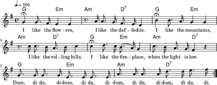 

\version "2.12.3"

\language "deutsch"

\header {
  tagline = ""
}

\layout {
  indent = #0
} 

akkorde = \chordmode {
    \germanChords
    \set chordChanges = ##t
    g2 e:m a:m d:7
    g2 e:m a:m d:7
    g2 e:m a:m d:7
    g2 e:m a:m d:7
}

global = {
  \autoBeamOff
  \tempo 4 = 100
  \time 4/4
  \key g \major
}

melodie = \relative c'' {
  \global
  g4\fermata g8. fis16 e4 e
  r8. a16 a8. g16 fis8. e16 d4
  h'4\fermata h8. a16 g4 g4
  r8. c16 c8. h16 a8. h16 c4
  c4\fermata d8. c16 h8.(a16) g4
  c8. h16 a8. g16 fis4 r4
  g8. g16 g8. g16 e8. e16 e8. e16
  a8. a16 a8. a16 d8. d16 e8. fis16
  \bar ":|."
}


text = \lyricmode {
I like the flow -- ers, I like the daf -- fo -- dils.
I like the moun -- tains, I like the rol -- ling hills.
I like the fire -- place, when the light is low.
Dum, di da, di dum, di da, di dum, di da, di dum, di da, di.
}

\score {
  <<
    \new ChordNames { \akkorde }
    \new Voice = "Lied" { \melodie }
    \new Lyrics \lyricsto "Lied" { \text }
  >>
\midi {}
\layout {}
}
