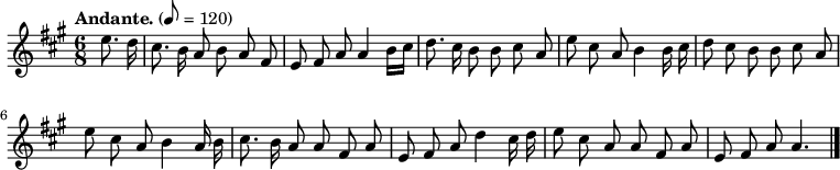 

  \relative c'' {
    \language "english"
    \key a \major
    \time 6/8
    \autoBeamOff
    \tempo "Andante." 8=120
    \partial 4
    e8. d16 |
    cs8. b16 a8 b8 a8 fs8 |
    e8 fs8 a8 a4 b16[ cs16] |
    d8. cs16 b8 b8 cs8 a8 |
    e'8 cs8 a8 b4 b16 cs16 |
    d8 cs8 b8 b8 cs8 a8 |
    e'8 cs8 a8 b4 a16 b16 |
    cs8. b16 a8 a8 fs8 a8 |
    e8 fs8 a8 d4 cs16 d16 |
    e8 cs8 a8 a8 fs8 a8 |
    e8 fs8 a8 a4. \bar "|."
  }
