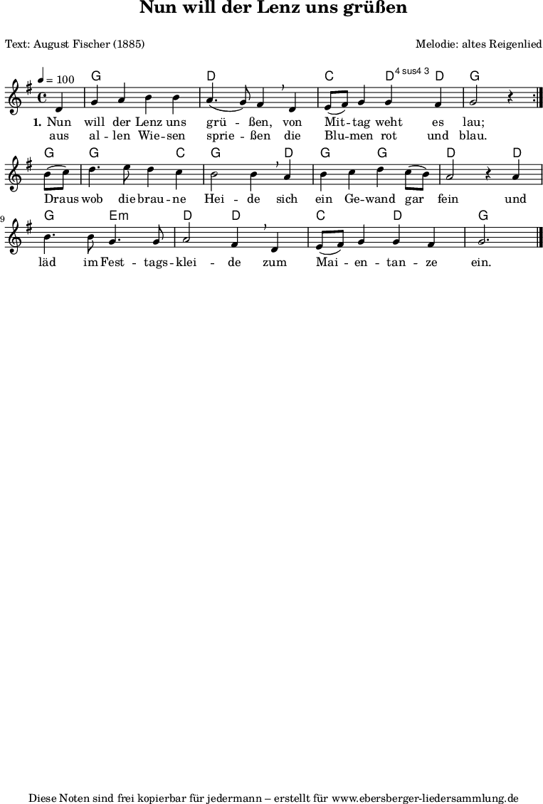 
% Dieses Notenblatt wurde erstellt von Michael Nausch
% Kontakt: michael@nausch.org (PGP public-key 0x2384C849) 

\version "2.16.0"

\header {
  title = "Nun will der Lenz uns grüßen"	  % Die Überschrift der Noten wird zentriert gesetzt.
  subtitle = " "		                  % weitere zentrierte Überschrift.
  poet = "Text:	August Fischer (1885)"		  % Name des Dichters, linksbündig unter dem Unteruntertitel.
  meter = ""                                      % Metrum, linksbündig unter dem Dichter.
  composer = "Melodie: altes Reigenlied"          % Name des Komponisten, rechtsbüngig unter dem Unteruntertitel.
  arranger = " "                                   % Name des Bearbeiters/Arrangeurs, rechtsbündig unter dem Komponisten.
  tagline = "Diese Noten sind frei kopierbar für jedermann – erstellt für www.ebersberger-liedersammlung.de"
                                                  % Zentriert unten auf der letzten Seite.
%  copyright = "Diese Noten sind frei kopierbar für jedermann – erstellt für www.ebersberger-liedersammlung.de"
                                                  % Zentriert unten auf der ersten Seite (sollten tatsächlich zwei
                                                  % seiten benötigt werden"
}

\layout {
  indent = #0
}

akkorde = \chordmode {
  \germanChords
  \partial4  
  \repeat "volta" 2 { 
  		     	s4 g1 d c2 d4:4 d:3 g2. 
}
     g4 g2. c4 g2. d4 g2 g d s4 d g2 e:m d d c d g2.
}

melodie = \relative c' {
  \clef "treble"
  \time 4/4
  \tempo 4 = 100
  \key g\major
  \autoBeamOff
  \partial4
  \repeat "volta" 2 { 
		     d4 g a b b a4. (g8) fis4 \breathe d e8 ([fis]) g4 g fis g2 r4
		    }
	\break b8 ([c]) d4. e8 d4 c b2 b4 \breathe a b c d c8 ([b]) a2 r4 a 
	b4. b8 g4. g8 a2 fis4 \breathe d e8 ([fis]) g4 g fis g2.
  \bar "|."
}

text = \lyricmode {
  \set stanza = "1."
	Nun will der Lenz uns grü -- ßen, von Mit -- tag weht es lau;
	Draus wob die brau -- ne Hei -- de sich ein Ge -- wand gar fein_
	und läd im Fest -- tags -- klei -- de zum Mai -- en -- tan -- ze ein.
}

wdh = \lyricmode {
	aus al -- len Wie -- sen sprie -- ßen die Blu -- men rot und blau.
}

\score {
  <<
    \new ChordNames { \akkorde }
    \new Voice = "Lied" { \melodie }
    \new Lyrics \lyricsto "Lied" { \text }
    \new Lyrics \lyricsto "Lied" { \wdh }
  >>
  \layout { }
}

\score {
  \unfoldRepeats
  <<
    \new ChordNames { \akkorde }
    \new Voice = "Lied" { \melodie }
  >>    
  \midi { }
}
