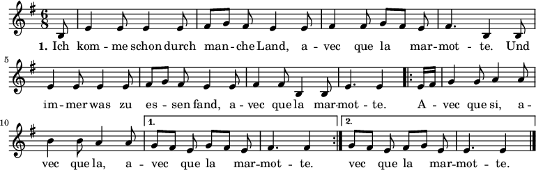 

\version "2.12.3"

\language "deutsch"

\header {
  tagline = ""
}

\layout {
  indent = #0
} 

 akkorde = \chordmode {
%  em h:7 em h2:7
}

global = {
  \autoBeamOff
  \time 6/8
  \key g \major
}

melodie = \relative c' {
  \global
  \partial 8 h8 e4 e8 e4 e8 fis8[ g] fis e4 e8 fis4 fis8 g[ fis] e fis4. h,4 h8 \break
                e4 e8 e4 e8 fis8[ g] fis e4 e8 fis4 fis8 h,4 h8 e4. e4
  \repeat volta 2 { e16[ fis]
                g4 g8 a4 a8 h4 h8 a4 a8 }
  \alternative {
     { g8[ fis] e g8[ fis] e fis4. fis4 }
     { g8[ fis] e fis8[ g] e e4. e4 }
}
  \bar "|."
}

text = \lyricmode {
  \set stanza = "1."
Ich kom -- me schon durch man -- che Land, a -- vec que la mar -- mot -- te. Und im -- mer was zu es -- sen fand, a -- vec que la mar -- mot -- te.
A -- vec que si, a -- vec que la, a -- vec que la mar -- mot -- te. vec que la mar -- mot -- te.
}

\score {
  <<
    \new ChordNames { \akkorde }
    \new Voice = "Lied" { \melodie }
    \new Lyrics \lyricsto "Lied" { \text }
%    \new Voice = "Lied" { \bass }
  >>
\midi {}
\layout {}
}
