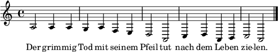 

\version "2.12.3"

\language "deutsch"

\header {
  tagline = ""
}

\layout {
  indent = #0
} 

akkorde = \chordmode {
    \germanChords
    \set chordChanges = ##t

}

global = {
  \autoBeamOff
  \time 4/4
  \key c \major
}

melodie = \relative c' {
  \global
  \repeat volta 2 {
    a2 a4 a
    g a f e
    d2 a
    c4 d a h
    c2 a
  }
  \bar "|."
}


text = \lyricmode {
Der grim -- mig Tod mit sei -- nem Pfeil
tut nach dem Le -- ben zie -- len.
Sein Bo -- gen schießt er ab mit Eil
und läßt nicht mit sich spie -- len
Das Leben schwindt wie Rauch im Wind,
kein Fleisch mag ihm entrinnen.
kein Gut noch Schatz findt bei ihm Platz:
du mußt mit ihm von hinnen.
}

\score {
  <<
    \new ChordNames { \akkorde }
    \new Voice = "Lied" { \melodie }
    \new Lyrics \lyricsto "Lied" { \text }
  >>
\midi {}
\layout {}
}
