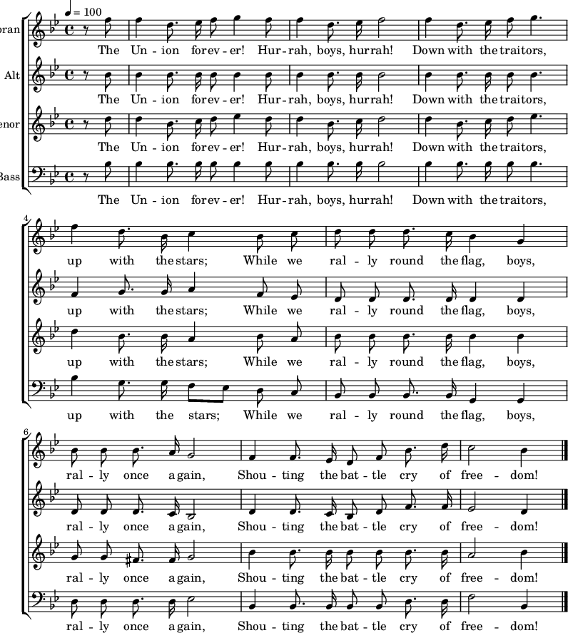 

\version "2.12.3"

\language "deutsch"

\header {
  tagline = ""
}

\layout {
  indent = #0
} 

akkorde = \chordmode {
    \germanChords
    \set chordChanges = ##t

}

global = {
  \autoBeamOff
  \tempo 4 = 100
  \clef treble
  \key b \major
  \time 4/4
}

air = \relative c'' {
  \global
  \partial 4 r8 f f4 d8. es16 f8 g4 f8
  f4 d8. es16 f2
  f4 d8. es16 f8 g4.
  f4 d8. b16 c4 b8 c
  d8 d d8. c16 b4 g
  b8 b b8. a16 g2
  f4 f8. es16 d8 f b8. d16
  c2 b4
  \bar "|."
}

alto = \relative c'' {
  \global
  \partial 4 r8 b b4 b8. b16 b8 b4 b8
  b4 b8. b16 b2
  b4 b8. b16 b8 b4.
  f4 g8. g16 a4 f8 es
  d8 d d8. d16 d4 d
  d8 d d8. c16 b2
  d4 d8. c16 b8 d f8. f16
  es2 d4
  \bar "|."
}

tenor = \relative c'' {
  \global
  \partial 4 r8 d d4 b8. c16 d8 es4 d8
  d4 b8. c16 d2
  d4 b8. c16 d8 es4.
  d4 b8. b16 a4 b8 a
  b8 b b8. b16 b4 b
  g8 g fis8. fis16 g2
  b4 b8. b16 b8 b b8. b16
  a2 b4
  \bar "|."
}

bass = \relative c' {
  \global
  \clef "bass"
  \partial 4 r8 b b4 b8. b16 b8 b4 b8
  b4 b8. b16 b2
  b4 b8. b16 b8 b4.
  b4 g8. g16 f8[ es] d8 c
  b8 b b8. b16 g4 g
  d'8 d d8. d16 es2
  b4 b8. b16 b8 b d8. d16 %falsch
  f2 b,4 %falsch
  \bar "|."
}

text = \lyricmode {
The Un -- ion for -- ev -- er! Hur -- rah, boys, hur -- rah!
Down with the trai -- tors, up with the stars;
While we ral -- ly round the flag, boys, ral -- ly once a -- gain,
Shou -- ting the bat -- tle cry of free -- dom!
}

\score {
\new ChoirStaff <<
  \new Staff = "sopranos" <<
    \set Staff.instrumentName = #"Sopran"
    \new Voice = "sopranos" {
      \global
      \air
    }
  >>
  \new Lyrics \lyricsto "sopranos" {
    \text
  }
  \new Staff = "altos" <<
    \set Staff.instrumentName = #"Alt"
    \new Voice = "altos" {
      \global
      \alto
    }
  >>
  \new Lyrics \lyricsto "altos" {
    \text
  }
  \new Staff = "tenors" <<
    \set Staff.instrumentName = #"Tenor"
    \new Voice = "tenors" {
      \global
      \tenor
    }
  >>
  \new Lyrics \lyricsto "tenors" {
    \text
  }
  \new Staff = "basses" <<
    \set Staff.instrumentName = #"Bass"
    \new Voice = "basses" {
      \global
      \bass
    }
  >>
  \new Lyrics \lyricsto "basses" {
    \text
  }
>>  % end ChoirStaff
\midi {}
\layout {}
}

% \score {
%  <<
%    \new ChordNames { \akkorde }
%    \new Voice = "Lied" { \air}
%    \new Lyrics \lyricsto "Lied" { \text }
%    \new Voice = "Lied" { \alto}
%    \new Lyrics \lyricsto "Lied" { \text }
%    \new Voice = "Lied" { \tenor}
%    \new Lyrics \lyricsto "Lied" { \text }
%    \new Voice = "Lied" { \bass}
%  >>
%\midi {}
%\layout {}
% }
