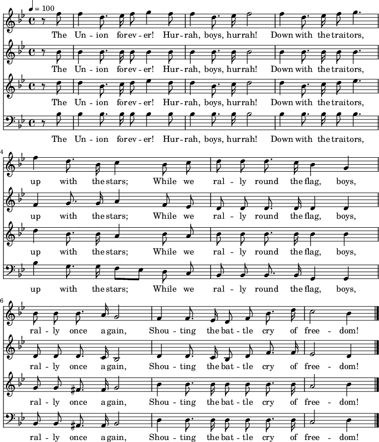 

\version "2.12.3"

\language "deutsch"

\header {
  tagline = ""
}

\layout {
  indent = #0
} 

akkorde = \chordmode {
    \germanChords
    \set chordChanges = ##t

}

global = {
  \autoBeamOff
  \tempo 4 = 100
  \clef treble
  \key b \major
  \time 4/4
}

air = \relative c'' {
  \global
  \partial 4 r8 f f4 d8. es16 f8 g4 f8
  f4 d8. es16 f2
  f4 d8. es16 f8 g4.
  f4 d8. b16 c4 b8 c
  d8 d d8. c16 b4 g
  b8 b b8. a16 g2
  f4 f8. es16 d8 f b8. d16
  c2 b4
  \bar "|."
}

alto = \relative c'' {
  \global
  \partial 4 r8 b b4 b8. b16 b8 b4 b8
  b4 b8. b16 b2
  b4 b8. b16 b8 b4.
  f4 g8. g16 a4 f8 es
  d8 d d8. d16 d4 d
  d8 d d8. c16 b2
  d4 d8. c16 b8 d f8. f16
  es2 d4
  \bar "|."
}

tenor = \relative c'' {
  \global
  \partial 4 r8 d d4 b8. c16 d8 es4 d8
  d4 b8. c16 d2
  d4 b8. c16 d8 es4.
  d4 b8. b16 a4 b8 a
  b8 b b8. b16 b4 b
  g8 g fis8. fis16 g2
  b4 b8. b16 b8 b b8. b16
  a2 b4
  \bar "|."
}

bass = \relative c' {
  \global
  \clef "bass"
  \partial 4 r8 b b4 b8. b16 b8 b4 b8
  b4 b8. b16 b2
  b4 b8. b16 b8 b4.
  b4 g8. g16 f8[ es] d8 c
  b8 b b8. b16 g4 g
  b8 b ais8. ais16 b2 %falsch
  d4 d8. d16 d8 d d8. d16 %falsch
  c2 d4 %falsch
  \bar "|."
}

text = \lyricmode {
The Un -- ion for -- ev -- er! Hur -- rah, boys, hur -- rah!
Down with the trai -- tors, up with the stars;
While we ral -- ly round the flag, boys, ral -- ly once a -- gain,
Shou -- ting the bat -- tle cry of free -- dom!
}

\score {
  <<
%    \new ChordNames { \akkorde }
    \new Voice = "Lied" { \air}
    \new Lyrics \lyricsto "Lied" { \text }
    \new Voice = "Lied" { \alto}
    \new Lyrics \lyricsto "Lied" { \text }
    \new Voice = "Lied" { \tenor}
    \new Lyrics \lyricsto "Lied" { \text }
    \new Voice = "Lied" { \bass}
    \new Lyrics \lyricsto "Lied" { \text }
  >>
\midi {}
\layout {}
}
