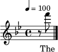 

\version "2.12.3"

\language "deutsch"

\header {
  tagline = ""
}

\layout {
  indent = #0
} 

akkorde = \chordmode {
    \germanChords
    \set chordChanges = ##t

}

global = {
  \autoBeamOff
  \tempo 4 = 100
  \clef treble
  \key b \major
  \time 4/4
}

melodie = \relative c'' {
  \global
  \partial 4 r8 f'
  \bar "|."
}

text = \lyricmode {
The Un -- ion for -- ev -- er! Hur -- rah, boys, hur -- rah!
Down with the trai -- tors, up with the stars;
While we ral -- ly round the flag, boys, we ral -- ly once a -- gain,
Shou -- ting the bat -- tle cry of free -- dom!
}

\score {
  <<
%    \new ChordNames { \akkorde }
    \new Voice = "Lied" { \melodie }
    \new Lyrics \lyricsto "Lied" { \text }
  >>
\midi {}
\layout {}
}
