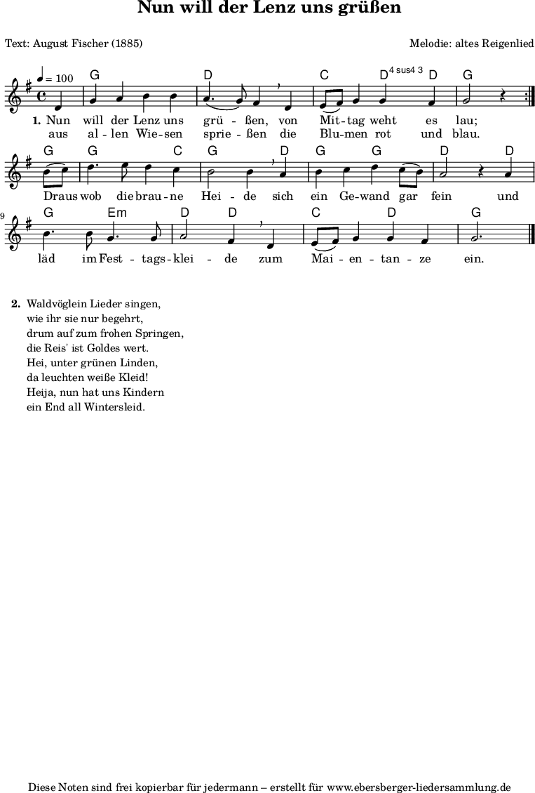 
% Dieses Notenblatt wurde erstellt von Michael Nausch
% Kontakt: michael@nausch.org (PGP public-key 0x2384C849) 

\version "2.16.0"

\header {
  title = "Nun will der Lenz uns grüßen"	  % Die Überschrift der Noten wird zentriert gesetzt.
  subtitle = " "		                  % weitere zentrierte Überschrift.
  poet = "Text:	August Fischer (1885)"		  % Name des Dichters, linksbündig unter dem Unteruntertitel.
  meter = ""                                      % Metrum, linksbündig unter dem Dichter.
  composer = "Melodie: altes Reigenlied"          % Name des Komponisten, rechtsbüngig unter dem Unteruntertitel.
  arranger = " "                                   % Name des Bearbeiters/Arrangeurs, rechtsbündig unter dem Komponisten.
  tagline = "Diese Noten sind frei kopierbar für jedermann – erstellt für www.ebersberger-liedersammlung.de"
                                                  % Zentriert unten auf der letzten Seite.
%  copyright = "Diese Noten sind frei kopierbar für jedermann – erstellt für www.ebersberger-liedersammlung.de"
                                                  % Zentriert unten auf der ersten Seite (sollten tatsächlich zwei
                                                  % seiten benötigt werden"
}

\layout {
  indent = #0
}

akkorde = \chordmode {
  \germanChords
  \partial4  
  \repeat "volta" 2 { 
  		     	s4 g1 d c2 d4:4 d:3 g2. 
}
     g4 g2. c4 g2. d4 g2 g d s4 d g2 e:m d d c d g2.
}

melodie = \relative c' {
  \clef "treble"
  \time 4/4
  \tempo 4 = 100
  \key g\major
  \autoBeamOff
  \partial4
  \repeat "volta" 2 { 
		     d4 g a b b a4. (g8) fis4 \breathe d e8 ([fis]) g4 g fis g2 r4
		    }
	\break b8 ([c]) d4. e8 d4 c b2 b4 \breathe a b c d c8 ([b]) a2 r4 a 
	b4. b8 g4. g8 a2 fis4 \breathe d e8 ([fis]) g4 g fis g2.
  \bar "|."
}

text = \lyricmode {
  \set stanza = "1."
	Nun will der Lenz uns grü -- ßen, von Mit -- tag weht es lau;
	Draus wob die brau -- ne Hei -- de sich ein Ge -- wand gar fein_
	und läd im Fest -- tags -- klei -- de zum Mai -- en -- tan -- ze ein.
}

wdh = \lyricmode {
	aus al -- len Wie -- sen sprie -- ßen die Blu -- men rot und blau.
}

\score {
  <<
    \new ChordNames { \akkorde }
    \new Voice = "Lied" { \melodie }
    \new Lyrics \lyricsto "Lied" { \text }
    \new Lyrics \lyricsto "Lied" { \wdh }
  >>
  \layout { }
}

\score {
  \unfoldRepeats
  <<
    \new ChordNames { \akkorde }
    \new Voice = "Lied" { \melodie }
  >>    
  \midi { }
}

\markup {
    \column {
      \hspace #0.1
      \line {
        \bold "  2. "
        \column {
                        "Waldvöglein Lieder singen,"
                        "wie ihr sie nur begehrt,"
                        "drum auf zum frohen Springen,"
                        "die Reis' ist Goldes wert."
                        "Hei, unter grünen Linden,"
                        "da leuchten weiße Kleid!"
                        "Heija, nun hat uns Kindern"
                        "ein End all Wintersleid."
			" "
                }
      }
        }
}
