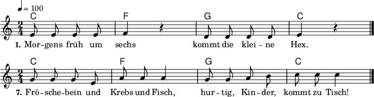 
% Dieses Notenblatt wurde erstellt von Michael Nausch
% Kontakt: michael@nausch.org (PGP public-key 0x2384C849) 

\version "2.16.0"

\header {
  tagline = ""
}

\layout {
  indent = #0
}

akkorde = \chordmode {
  \germanChords
	c2 f g c
  %\repeat "volta" 2 {   }
}

akkords = \chordmode {
  \germanChords
       r1 r1 r1 r1 c2 f g c
  %\repeat "volta" 2 {   }
}

melodie = \relative c' {
  \clef "treble"
  \time 2/4
  \tempo 4 = 100
  \key c\major
  \autoBeamOff
  %\partial 4 % 1/4 Auftakt
	e8 e e e f4 r d8 d d d e4 r
  %\repeat "volta" 2 {  }
  \bar "|."
}

melody = \relative c'' {
  \clef "treble"
  \time 2/4
  %\tempo 4 = 100
  \key c\major
  \autoBeamOff
  %\partial 4 % 1/4 Auftakt
        g8 g g e a a a4 g8 g a b c c c4
  %\repeat "volta" 2 {  }
  \bar "|."
}


text = \lyricmode {
  \set stanza = "1."
	Mor -- gens früh um sechs kommt die klei -- ne Hex.
}

endtext = \lyricmode {
  \set stanza = "7."
        Frö -- sche -- bein und Krebs und Fisch, hur -- tig, Kin -- der, kommt zu Tisch!
}


wdh = \lyricmode {
	
}

\score {
  <<
    \new ChordNames { \akkorde }
    \new Voice = "Lied" { \melodie }
    \new Lyrics \lyricsto "Lied" { \text }
%    \new Lyrics \lyricsto "Lied" { \wdh }
  >>
  \layout { ragged-right = ##f }
}

\score {
  <<
    \new ChordNames { \akkorde }
    \new Voice = "Lied" { \melody }
    \new Lyrics \lyricsto "Lied" { \endtext }
%    \new Lyrics \lyricsto "Lied" { \wdh }
  >>
  \layout { ragged-right = ##f }
  \midi { }
}
