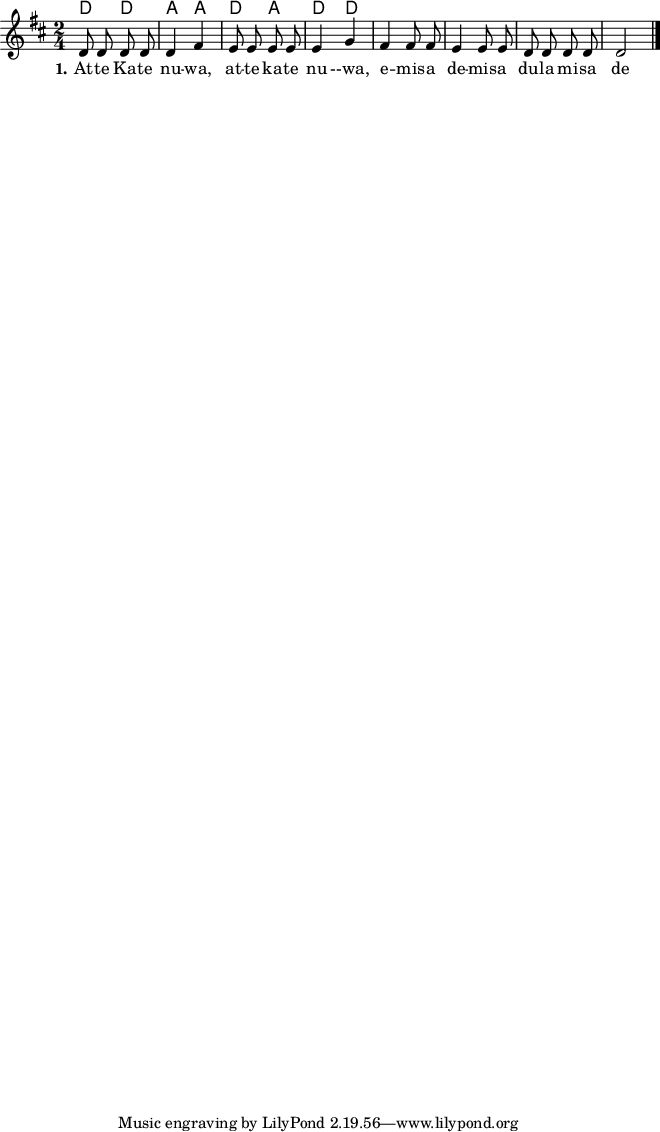 

\version "2.19.56"

\language "deutsch"

\header {

}

#(set-global-staff-size 16)

global = {
  \autoBeamOff
  \time 2/4
  \key d \major
}

akkorde = \chordmode {
  d d a a d a d d
}

melodie = \relative c' {
  \global
  d8 d d d
  d4 fis
  e8 e e e
  e4 g
  fis4 fis8 fis
  e4 e8 e
  d8 d d d
  d2


  \bar "|."
}

text = \lyricmode {
  \set stanza = "1."
  At -- te Ka -- te nu -- wa, at -- te ka -- te nu --wa, e -- mis -- a de -- mis -- a du -- la  mi -- sa de
}

\score {
  <<
    \new ChordNames { \akkorde }
    \new Voice = "Lied" { \melodie }
    \new Lyrics \lyricsto "Lied" { \text }
  >>
}
