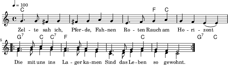 

\version "2.12.3"

\language "deutsch"

\header {
  tagline = ""
}

\layout {
  indent = #0
%  ragged-last = ##t
} 

akkorde = \chordmode {
    \germanChords
    \set chordChanges = ##t
    c1 c c2 f4 c4 c1 g2:7 c4 c4:7
    f1 f1*3/4 c4 c1 g2:7 c2
}

global = {
  \autoBeamOff
  \tempo 4 = 100
  \time 4/4
  \key c \major
}

melodie = \relative c'' {
  \global
  g4. g8 fis4 g
  fis4 g a g
  e4. f8 g4 a
  g4 f e( e)
  \bar "|"
  \repeat volta 2 {
  <<
      {
        \voiceOne
        a4. h8 c4 h
        a4. h8 a4 g
        e4. f8 g4 a
        g4 f e2
      }
      \new Voice {
        \voiceTwo
        f4. g8 a4 g
        f4. g8 f4 e
        c4. d8 e4 f
        e4 d c2
      }
    >>
  }
  \bar ":|."
}


text = \lyricmode {
Zel -- te sah ich, Pfer -- de, Fah -- nen
Ro -- ten Rauch am Ho -- ri -- zont
Die mit uns ins La -- ger ka -- men
Sind das Le -- ben so ge -- wohnt.
}

\score {
  <<
    \new ChordNames { \akkorde }
    \new Voice = "Lied" { \melodie }
    \new Lyrics \lyricsto "Lied" { \text }
  >>
\midi {}
\layout {}
}
