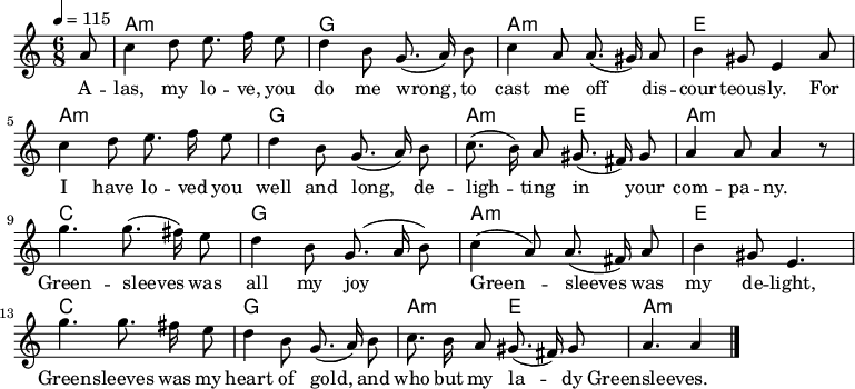 \version "2.12.3"
\language "deutsch"
\header {
tagline = ""
}
\layout {
indent = #0
}
akkorde = \chordmode {
\germanChords
\set chordChanges = ##t
s8 a1*6/8:m g a:m e a:m g a1*3/8:m e a1*6/8:m c g a:m e c g a1*3/8:m e a1*6/8:m
}
global = {
\autoBeamOff
\tempo 4 = 115
\time 6/8
\key c \major
}
melodie = \relative c'' {
\global
\partial8 a8
c4 d8 e8. f16 e8
d4 h8 g8.( a16) h8
c4 a8 a8.( gis16) a8
h4 gis8 e4 a8
c4 d8 e8. f16 e8
d4 h8 g8.( a16) h8
c8.( h16) a8 gis8.( fis16) gis8
a4 a8 a4 r8
g'4.g8.( fis16) e8
d4 h8 g8.( a16 h8)
c4( a8) a8.( fis16) a8
h4 gis8 e4.
g'4.g8. fis16 e8
d4 h8 g8.( a16) h8
c8. h16 a8 gis8.( fis16) gis8
a4. a4
\bar "|."
}
text = \lyricmode {
A -- las, my lo -- ve, you do me wrong,
to cast me off dis -- cour -- teous -- ly.
For I have lo -- ved you well and long,
de -- ligh -- ting in your com -- pa -- ny.
Green -- sleeves was all my joy
Green -- sleeves was my de -- light,
Green -- sleeves was my heart of gold,
and who but my la -- dy Greensleeves.
}
\score {
<<
\new ChordNames { \akkorde }
\new Voice = "Lied" { \melodie }
\new Lyrics \lyricsto "Lied" { \text }
>>
\midi {}
\layout {}
}
