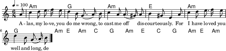 

\version "2.12.3"

\language "deutsch"

\header {
  tagline = ""
}

\layout {
  indent = #0
} 

akkorde = \chordmode {
    \germanChords
    \set chordChanges = ##t
    s8 a1*6/8:m g a:m e a:m g a1*3/8:m e a1*6/8:m c g a:m e c g a1*3/8:m e a1*6/8:m
}

global = {
  \autoBeamOff
  \tempo 4 = 100
  \time 6/8
  \key c \major
}

melodie = \relative c'' {
  \global
  \partial8 a8
  c4 d8 e8. f16 e8
  d4 h8 g8.( a16) h8
  c4 a8 a8.( gis16) a8
  h4 gis8 e4 a8
  c4 d8 e8. f16 e8
  d4 h8 g8.( a16) h8
  \bar "|."
}


text = \lyricmode {
A -- las, my lo -- ve, you do me wrong,
to cast me off dis -- cour -- teous -- ly.
For I have lo -- ved you well and long,
de -- ligh -- ting in your com -- pa -- ny.
Green -- sleeves was all my joy
Green -- sleeves was my de -- light,
Green -- sleeves was my heart of gold,
and who but my la -- dy greensleeves.
}

\score {
  <<
    \new ChordNames { \akkorde }
    \new Voice = "Lied" { \melodie }
    \new Lyrics \lyricsto "Lied" { \text }
  >>
\midi {}
\layout {}
}
