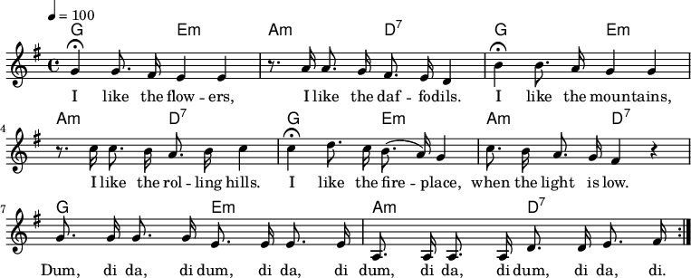 

\version "2.12.3"

\language "deutsch"

\header {
  tagline = ""
}

\layout {
  indent = #0
} 

akkorde = \chordmode {
    \germanChords
    \set chordChanges = ##t
    g2 e:m a:m d:7
    g2 e:m a:m d:7
    g2 e:m a:m d:7
    g2 e:m a:m d:7
}

global = {
  \autoBeamOff
  \tempo 4 = 100
  \time 4/4
  \key g \major
}

melodie = \relative c'' {
  \global
  g4\fermata g8. fis16 e4 e
  r8. a16 a8. g16 fis8. e16 d4
  h'4\fermata h8. a16 g4 g4
  r8. c16 c8. h16 a8. h16 c4
  c4\fermata d8. c16 h8.(a16) g4
  c8. h16 a8. g16 fis4 r4
  g8. g16 g8. g16 e8. e16 e8. e16
  a,8. a16 a8. a16 d8. d16 e8. fis16
  \bar ":|."
}


text = \lyricmode {
I like the flow -- ers, I like the daf -- fo -- dils.
I like the moun -- tains, I like the rol -- ling hills.
I like the fire -- place, when the light is low.
Dum, di da, di dum, di da, di dum, di da, di dum, di da, di.
}

\score {
  <<
    \new ChordNames { \akkorde }
    \new Voice = "Lied" { \melodie }
    \new Lyrics \lyricsto "Lied" { \text }
  >>
\midi {}
\layout {}
}
