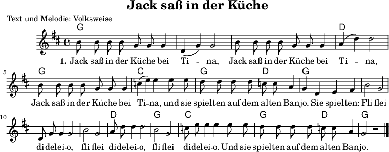 
\header {
  title = "Jack saß in der Küche"
  poet = "Text und Melodie: Volksweise"
%  copyright = "Gemeinfrei. Kann beliebig vervielfältigt und weitergegeben werden."
  tagline = ""
}

\version "2.12.3"

\language "deutsch"

#(set-global-staff-size 16)

Singstimme = \relative c' {
  fis8 fis fis fis d d d4 a (d) d2 
  fis8 fis fis fis d d d4 e (a) a2 
  fis8 fis fis fis d d d4 g (h) h h8 h8 
  a a a a g g e4  | d4 a h cis 
  fis2 d2 a8 d8 d4 d2
  fis2 d2 e8 a8 a4 a2
  fis2 d2 g8 h8 h4 h4 h8 h8 |
  a a a a g g e4 d2 r2
  \bar "|."
}

Stropheeins = \lyrics {
  \set stanza = #"1." 
  Jack saß in der Kü -- che bei Ti -- "na," 
  Jack saß in der Kü -- che bei Ti -- "na," 
  Jack saß in der Kü -- che bei Ti -- "na,"
  und sie spiel -- ten auf dem al -- ten Ban -- jo. 
  Sie spiel -- ten:
  Fli flei di -- del -- ei -- o, 
  fli flei di -- del -- ei -- o,
  fli flei di -- del -- ei -- o.
  Und sie spiel -- ten auf dem al -- ten Ban -- jo.
}

harmonies = \chordmode { 
  d1 s1 s1 a1 d1 g1 d2 a2 d1 s1 s1 s1 a1 d1 g1 d2 a2 d1 
} 


\score {
  <<
    \new ChordNames { \transpose d g  \harmonies }
    \new Voice = "mel" {
      \autoBeamOff
      \time 4/4
      \key d \major
      \transpose d g \Singstimme
    }
    \new Lyrics \lyricsto mel \Stropheeins
  >>
}

 % some settings % vim: sw=2 et
