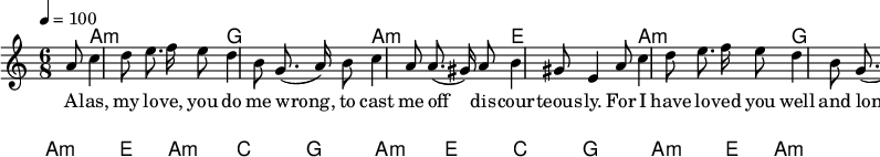 

\version "2.12.3"

\language "deutsch"

\header {
  tagline = ""
}

\layout {
  indent = #0
} 

akkorde = \chordmode {
    \germanChords
    \set chordChanges = ##t
    s8 a1*6/8:m g a:m e a:m g a1*3/8:m e a1*6/8:m c g a:m e c g a1*3/8:m e a1*6/8:m
}

global = {
  \autoBeamOff
  \tempo 4 = 100
  \time 6/8
  \key c \major
}

melodie = \relative c'' {
  \global
  \partial4 a8
  c4 d8 e8. f16 e8
  d4 h8 g8.( a16) h8
  c4 a8 a8.( gis16) a8
  h4 gis8 e4 a8
  c4 d8 e8. f16 e8
  d4 h8 g8.( a16) h8
  \bar "|."
}


text = \lyricmode {
A -- las, my lo -- ve, you do me wrong,
to cast me off dis -- cour -- teous -- ly.
For I have lo -- ved you well and long,
de -- ligh -- ting in your com -- pa -- ny.
Green -- sleeves was all my joy
Green -- sleeves was my de -- light,
Green -- sleeves was my heart of gold,
and who but my la -- dy greensleeves.
}

\score {
  <<
    \new ChordNames { \akkorde }
    \new Voice = "Lied" { \melodie }
    \new Lyrics \lyricsto "Lied" { \text }
  >>
\midi {}
\layout {}
}
