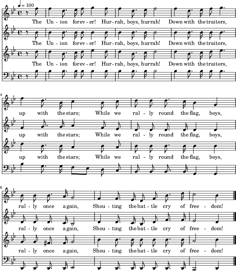 

\version "2.12.3"

\language "deutsch"

\header {
  tagline = ""
}

\layout {
  indent = #0
} 

akkorde = \chordmode {
    \germanChords
    \set chordChanges = ##t

}

global = {
  \autoBeamOff
  \tempo 4 = 100
  \clef treble
  \key b \major
  \time 4/4
}

air = \relative c'' {
  \global
  \partial 4 r8 f f4 d8. es16 f8 g4 f8
  f4 d8. es16 f2
  f4 d8. es16 f8 g4.
  f4 d8. b16 c4 b8 c
  d8 d d8. c16 b4 g
  b8 b b8. a16 g2
  f4 f8. es16 d8 f b8. d16
  c2 b4
  \bar "|."
}

alto = \relative c'' {
  \global
  \partial 4 r8 b b4 b8. b16 b8 b4 b8
  b4 b8. b16 b2
  b4 b8. b16 b8 b4.
  f4 g8. g16 a4 f8 es
  d8 d d8. d16 d4 d
  d8 d d8. c16 b2
  d4 d8. c16 b8 d f8. f16
  es2 d4
  \bar "|."
}

tenor = \relative c'' {
  \global
  \partial 4 r8 d d4 b8. c16 d8 es4 d8
  d4 b8. c16 d2
  d4 b8. c16 d8 es4.
  d4 b8. b16 a4 b8 a
  b8 b b8. b16 b4 b
  g8 g fis8. fis16 g2
  b4 b8. b16 b8 b b8. b16
  a2 b4
  \bar "|."
}

bass = \relative c' {
  \global
  \clef "bass"
  \partial 4 r8 b b4 b8. b16 b8 b4 b8
  b4 b8. b16 b2
  b4 b8. b16 b8 b4.
  b4 g8. g16 f8[ es] d8 c
  b8 b b8. b16 g4 g
  d8 d d8. d16 es2 %falsch
  d4 d8. d16 d8 d d8. d16 %falsch
  c2 d4 %falsch
  \bar "|."
}

text = \lyricmode {
The Un -- ion for -- ev -- er! Hur -- rah, boys, hur -- rah!
Down with the trai -- tors, up with the stars;
While we ral -- ly round the flag, boys, ral -- ly once a -- gain,
Shou -- ting the bat -- tle cry of free -- dom!
}

\score {
  <<
%    \new ChordNames { \akkorde }
    \new Voice = "Lied" { \air}
    \new Lyrics \lyricsto "Lied" { \text }
    \new Voice = "Lied" { \alto}
    \new Lyrics \lyricsto "Lied" { \text }
    \new Voice = "Lied" { \tenor}
    \new Lyrics \lyricsto "Lied" { \text }
    \new Voice = "Lied" { \bass}
  >>
\midi {}
\layout {}
}
