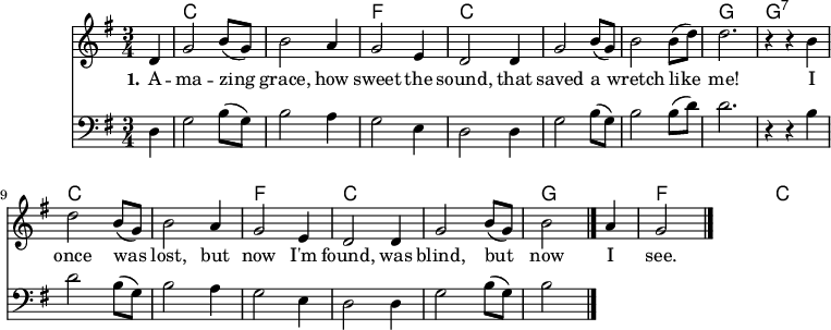 
\version "2.18.2"

\header {
	crossRefNumber = "1"
	footnotes = ""
	tagline = ""
}
\language "deutsch"
voicedefault =  \relative c' {
  \autoBeamOff
  \time 3/4
  \key g \major
  \partial 4
  d4
  g2 h8([ g]) h2 a4 g2 e4 d2 d4 
  g2 h8([ g]) h2 h8([ d]) d2. r4 r h4
  d2 h8([ g]) h2 a4 g2 e4
  d2 d4 g2 h8([ g]) h2 a4 g2
  \bar "|."
}

voicecello =  \relative c {
  \autoBeamOff
  \clef "bass"
  \time 3/4
  \key g \major
  \partial 4
  d4
  g2 h8([ g]) h2 a4 g2 e4 d2 d4 
  g2 h8([ g]) h2 h8([ d]) d2. r4 r h4
  d2 h8([ g]) h2 a4 g2 e4
  d2 d4 g2 h8([ g]) h2
  \bar "|."
}

akkorde = \chordmode {
  s4 c1*3/4 c f c c c g g:7 c c f c c g f c
}

text = \lyricmode {
  \set stanza = "1."
A -- ma  -- zing grace, how sweet the sound,
that saved a wretch like me!
I once was lost, but now I'm found,
was blind, but now I see.
}

\score{
    <<
    \new ChordNames { \set chordChanges = ##t \akkorde }
    \new Voice = "default" { \voicedefault }
    \new Lyrics \lyricsto "default" { \text }
    \new Voice = "default" { \voicecello }

    >>
	\layout {}
	\midi {}
}
