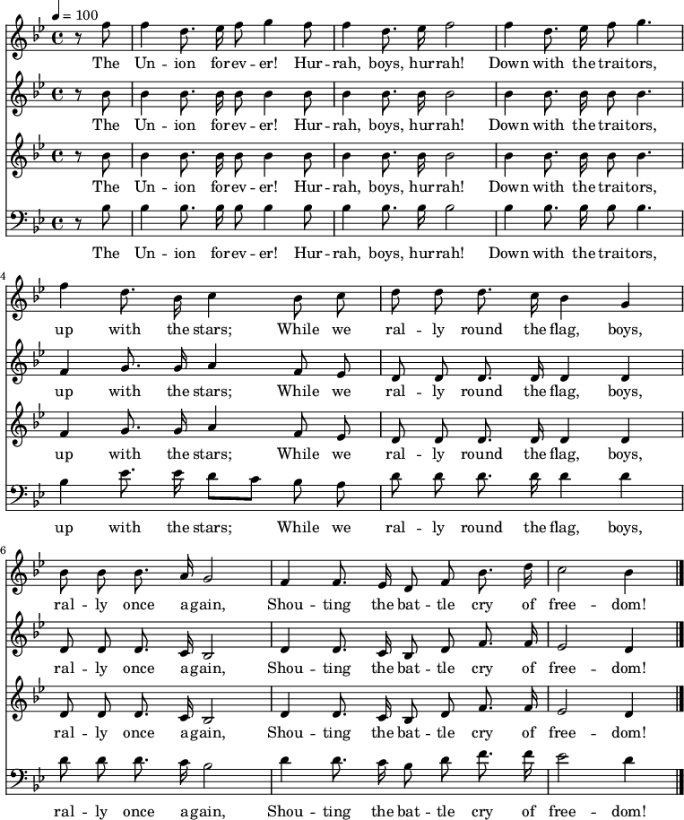 

\version "2.12.3"

\language "deutsch"

\header {
  tagline = ""
}

\layout {
  indent = #0
} 

akkorde = \chordmode {
    \germanChords
    \set chordChanges = ##t

}

global = {
  \autoBeamOff
  \tempo 4 = 100
  \clef treble
  \key b \major
  \time 4/4
}

air = \relative c'' {
  \global
  \partial 4 r8 f f4 d8. es16 f8 g4 f8
  f4 d8. es16 f2
  f4 d8. es16 f8 g4.
  f4 d8. b16 c4 b8 c
  d8 d d8. c16 b4 g
  b8 b b8. a16 g2
  f4 f8. es16 d8 f b8. d16
  c2 b4
  \bar "|."
}

alto = \relative c'' {
  \global
  \partial 4 r8 b b4 b8. b16 b8 b4 b8
  b4 b8. b16 b2
  b4 b8. b16 b8 b4.
  f4 g8. g16 a4 f8 es
  d8 d d8. d16 d4 d
  d8 d d8. c16 b2
  d4 d8. c16 b8 d f8. f16
  es2 d4
  \bar "|."
}

tenor = \relative c'' {
  \global
  \partial 4 r8 b b4 b8. b16 b8 b4 b8
  b4 b8. b16 b2
  b4 b8. b16 b8 b4.
  f4 g8. g16 a4 f8 es
  d8 d d8. d16 d4 d
  d8 d d8. c16 b2
  d4 d8. c16 b8 d f8. f16
  es2 d4
  \bar "|."
}

bass = \relative c' {
  \global
  \clef "bass"
  \partial 4 r8 b b4 b8. b16 b8 b4 b8
  b4 b8. b16 b2
  b4 b8. b16 b8 b4.
  b4 es8. es16 d8[ c] b8 a
  d8 d d8. d16 d4 d
  d8 d d8. c16 b2
  d4 d8. c16 b8 d f8. f16
  es2 d4
  \bar "|."
}

text = \lyricmode {
The Un -- ion for -- ev -- er! Hur -- rah, boys, hur -- rah!
Down with the trai -- tors, up with the stars;
While we ral -- ly round the flag, boys, ral -- ly once a -- gain,
Shou -- ting the bat -- tle cry of free -- dom!
}

\score {
  <<
%    \new ChordNames { \akkorde }
    \new Voice = "Lied" { \air}
    \new Lyrics \lyricsto "Lied" { \text }
    \new Voice = "Lied" { \alto}
    \new Lyrics \lyricsto "Lied" { \text }
    \new Voice = "Lied" { \tenor}
    \new Lyrics \lyricsto "Lied" { \text }
    \new Voice = "Lied" { \bass}
    \new Lyrics \lyricsto "Lied" { \text }
  >>
\midi {}
\layout {}
}

