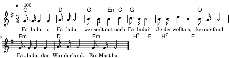 \version "2.12.3"
\language "deutsch"
\header {
tagline = ""
}
\layout {
indent = #0
}
akkorde = \chordmode {
\germanChords
\set chordChanges = ##t
g1*3/4 d g4 e4:m c
g1*3/4 g d e:m d
e:m h:7 e2 h1:7 e
}
global = {
\autoBeamOff
\tempo 4 = 100
\time 3/4
\key g \major
}
melodie = \relative c'' {
\global
g8. g16 g4 g
a8. a16 a2
h8. h16 h4 c
c8. h16 h2
h8. h16 d4 h
h8. a16 a2
g8. g16 g4 g
a8. a16 a2
g8. g16 g2
\bar "|."
}
text = \lyricmode {
Fa -- la -- do, o Fa -- la -- do,
wer seilt mit nach Fa -- la -- do?
Je -- der wollt es, kei -- ner fand
Fa -- la -- do, das Wun -- der -- land.
Ein Mast ho, zwei Mast ho,
Drei -- mast, wo liegt Fa -- la -- do?
}
\score {
<<
\new ChordNames { \akkorde }
\new Voice = "Lied" { \melodie }
\new Lyrics \lyricsto "Lied" { \text }
>>
\midi {}
\layout {}
}