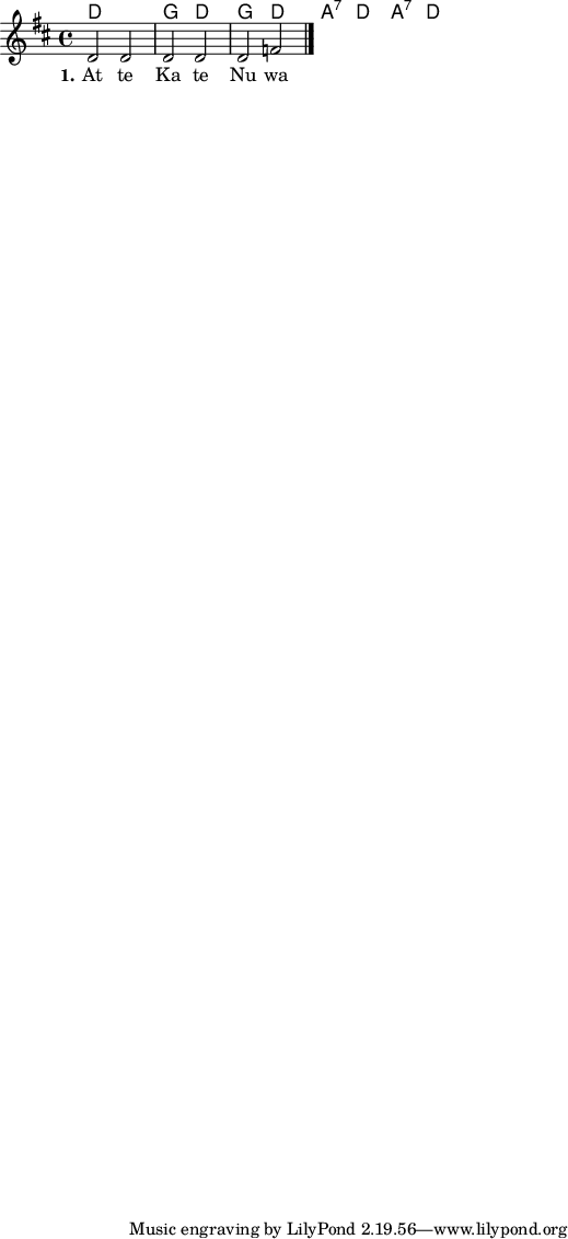 \version "2.19.56"
\language "deutsch"
\header {
}
#(set-global-staff-size 16)
akkorde = \chordmode {
d1 g2 d2 g2 d2 a:7 d a:7 d
}
global = {
\autoBeamOff
\time 4/4
\key d \major
}
melodie = \relative c' {
\global
d d d d
d2 f
\bar "|."
}
text = \lyricmode {
\set stanza = "1."
At te Ka te Nu wa
}
\score {
<<
\new ChordNames { \akkorde }
\new Voice = "Lied" { \melodie }
\new Lyrics \lyricsto "Lied" { \text }
>>
}