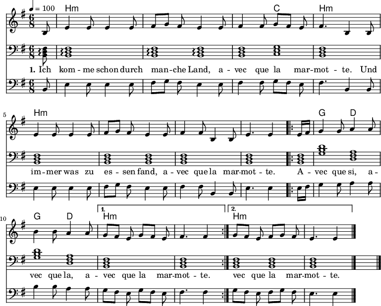 

\version "2.12.3"

\language "deutsch"

\header {
  tagline = ""
}

\layout {
  indent = #0
} 

akkorde = \chordmode {
    \germanChords
    \set chordChanges = ##t
    s8 h1*6/8:m h1*3/8:m h:m h1*3/8:m c h1*6/8:m h1*6/8:m h1*3/8:m h:m h1*6/8:m h1*5/8:m
    \repeat volta 2 { h1*1/8:m g1*3/8 d g d } 
    \alternative {
        { h1*6/8:m h1*5/8:m }
        { h1*3/8:m h1*3/8:m h1*6/8:m }
    }
}

global = {
  \autoBeamOff
  \time 6/8
  \tempo 4 = 100
  \key g \major
}

melodie = \relative c' {
  \global
  \partial 8 h8 e4 e8 e4 e8 fis8[ g] fis e4 e8 fis4 fis8 g[ fis] e fis4. h,4 h8 \break
                e4 e8 e4 e8 fis8[ g] fis e4 e8 fis4 fis8 h,4 h8 e4. e4
  \repeat volta 2 { e16[ fis]
                g4 g8 a4 a8 h4 h8 a4 a8 }
  \alternative {
     { g8[ fis] e g8[ fis] e fis4. fis4 }
     { g8[ fis] e fis8[ g] fis e4. e4 }
}
  \bar "|."
}

dreiklang = \relative c {
  \global
  \clef "bass"
    \partial 8 <h d fis>8\arpeggio <h d fis>1*6/8\arpeggio <h d fis>1*3/8\arpeggio <h d fis>\arpeggio <h d fis>1*3/8 <c e g> <h d fis>1*6/8 <h d fis>1*6/8 <h d fis>1*3/8 <h d fis> <h d fis>1*6/8 <h d fis>1*5/8
    \repeat volta 2 { <h d fis>1*1/8 <g' h d>1*3/8 <d fis a> <g h d> <d fis a> } 
    \alternative {
        { <h d fis>1*6/8 <h d fis>1*5/8 }
        { <h d fis>1*3/8 <h d fis>1*3/8 <h d fis>1*6/8 }
}
  \bar "|."
}

bass = \relative c {
  \global
  \clef "bass"
  \partial 8 h8 e4 e8 e4 e8 fis8[ g] fis e4 e8 fis4 fis8 g[ fis] e fis4. h,4 h8 \break
                e4 e8 e4 e8 fis8[ g] fis e4 e8 fis4 fis8 h,4 h8 e4. e4
  \repeat volta 2 { e16[ fis]
                g4 g8 a4 a8 h4 h8 a4 a8 }
  \alternative {
     { g8[ fis] e g8[ fis] e fis4. fis4 }
     { g8[ fis] e fis8[ g] fis e4. e4 }
}
  \bar "|."
}

text = \lyricmode {
  \set stanza = "1."
Ich kom -- me schon durch man -- che Land, a -- vec que la mar -- mot -- te. Und im -- mer was zu es -- sen fand, a -- vec que la mar -- mot -- te.
A -- vec que si, a -- vec que la, a -- vec que la mar -- mot -- te. vec que la mar -- mot -- te.
}

\score {
  <<
    \new ChordNames { \akkorde }
    \new Voice = "Lied" { \melodie }
    \new Voice = "Lied" { \dreiklang }
    \new Lyrics \lyricsto "Lied" { \text }
    \new Voice = "Lied" { \bass }
  >>
\layout {}
}

\score {
  \unfoldRepeats
  <<
%	\new ChordNames { \akkorde }
	\new Voice = "Lied" { \melodie }
	\new Voice = "Lied" { \dreiklang}
  >>	
  \midi { }
}

