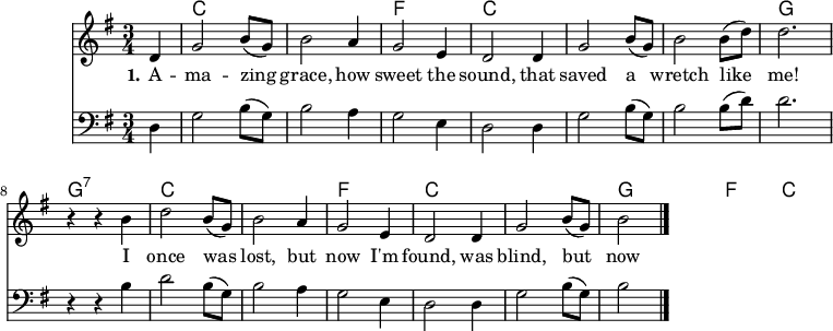 
\version "2.18.2"

\header {
	crossRefNumber = "1"
	footnotes = ""
	tagline = ""
}
\language "deutsch"
voicedefault =  \relative c' {
  \autoBeamOff
  \time 3/4
  \key g \major
  \partial 4
  d4
  g2 h8([ g]) h2 a4 g2 e4 d2 d4 
  g2 h8([ g]) h2 h8([ d]) d2. r4 r h4
  d2 h8([ g]) h2 a4 g2 e4
  d2 d4 g2 h8([ g]) h2
  \bar "|."
}

voicecello =  \relative c {
  \autoBeamOff
  \clef "bass"
  \time 3/4
  \key g \major
  \partial 4
  d4
  g2 h8([ g]) h2 a4 g2 e4 d2 d4 
  g2 h8([ g]) h2 h8([ d]) d2. r4 r h4
  d2 h8([ g]) h2 a4 g2 e4
  d2 d4 g2 h8([ g]) h2
  \bar "|."
}

akkorde = \chordmode {
  s4 c1*3/4 c f c c c g g:7 c c f c c g f c
}

text = \lyricmode {
  \set stanza = "1."
A -- ma  -- zing grace, how sweet the sound,
that saved a wretch like me!
I once was lost, but now I'm found,
was blind, but now I see.
}

\score{
    <<
    \new ChordNames { \set chordChanges = ##t \akkorde }
    \new Voice = "default" { \voicedefault }
    \new Lyrics \lyricsto "default" { \text }
    \new Voice = "default" { \voicecello }

    >>
	\layout {}
	\midi {}
}
