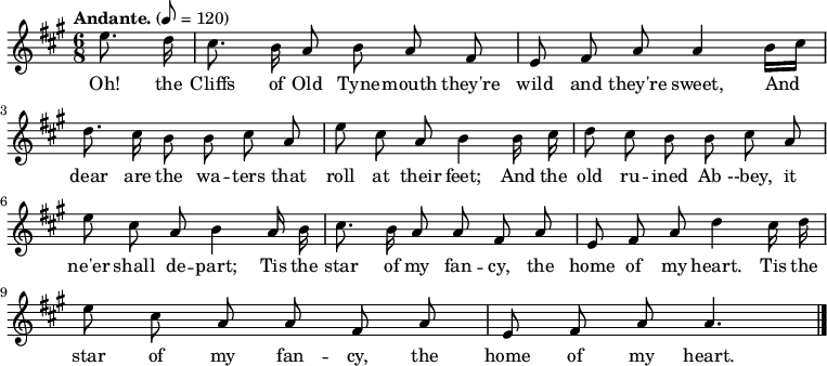 

\version "2.12.3"

%\language "deutsch"

\header {
  tagline = ""
}

\layout {
  indent = #0
} 

akkorde = \chordmode {
    \germanChords
    \set chordChanges = ##t

}

global = {
  \autoBeamOff
    \language "english"
    \key a \major
    \time 6/8
    \autoBeamOff
    \tempo "Andante." 8=120
}

melodie = \relative c'' {
  \global
    \partial 4
    e8. d16 |
    cs8. b16 a8 b8 a8 fs8 |
    e8 fs8 a8 a4 b16[ cs16] |
    d8. cs16 b8 b8 cs8 a8 |
    e'8 cs8 a8 b4 b16 cs16 |
    d8 cs8 b8 b8 cs8 a8 |
    e'8 cs8 a8 b4 a16 b16 |
    cs8. b16 a8 a8 fs8 a8 |
    e8 fs8 a8 d4 cs16 d16 |
    e8 cs8 a8 a8 fs8 a8 |
    e8 fs8 a8 a4. \bar "|."
}


text = \lyricmode {
Oh! the Cliffs of Old Tyne -- mouth they're wild and they're sweet,
And dear are the wa -- ters that roll at their feet;
And the old ru -- ined Ab --bey, it ne'er shall de -- part;
Tis the star of my fan -- cy, the home of my heart.
Tis the star of my fan -- cy, the home of my heart.
}

\score {
  <<
%    \new ChordNames { \akkorde }
    \new Voice = "Lied" { \melodie }
    \new Lyrics \lyricsto "Lied" { \text }
  >>
\midi {}
\layout {}
}
