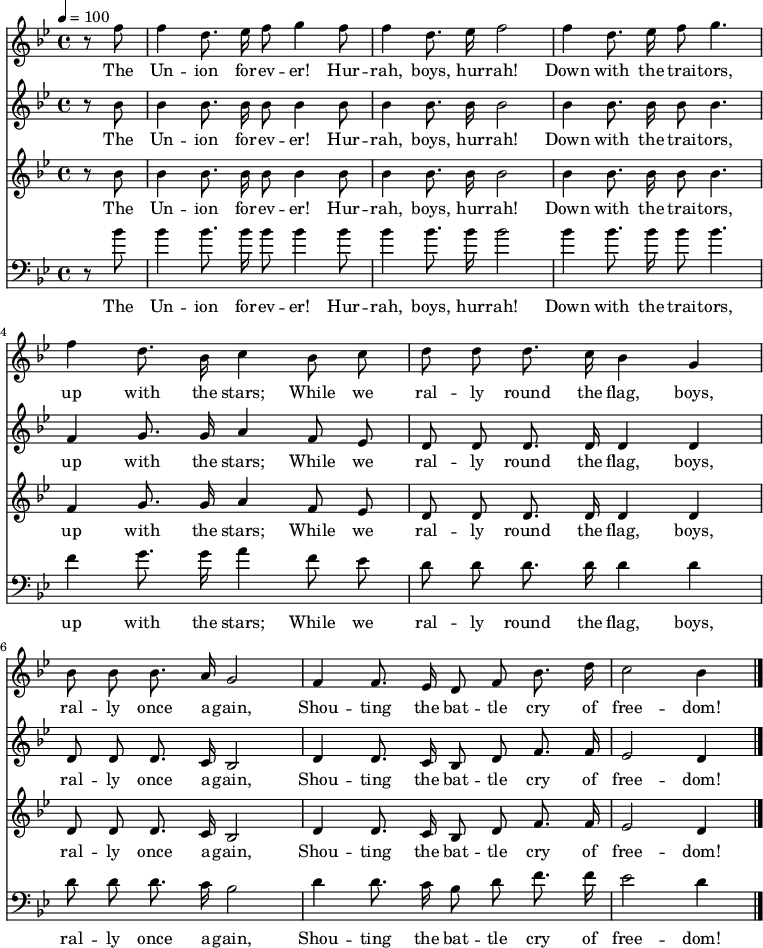 

\version "2.12.3"

\language "deutsch"

\header {
  tagline = ""
}

\layout {
  indent = #0
} 

akkorde = \chordmode {
    \germanChords
    \set chordChanges = ##t

}

global = {
  \autoBeamOff
  \tempo 4 = 100
  \clef treble
  \key b \major
  \time 4/4
}

air = \relative c'' {
  \global
  \partial 4 r8 f f4 d8. es16 f8 g4 f8
  f4 d8. es16 f2
  f4 d8. es16 f8 g4.
  f4 d8. b16 c4 b8 c
  d8 d d8. c16 b4 g
  b8 b b8. a16 g2
  f4 f8. es16 d8 f b8. d16
  c2 b4
  \bar "|."
}

alto = \relative c'' {
  \global
  \partial 4 r8 b b4 b8. b16 b8 b4 b8
  b4 b8. b16 b2
  b4 b8. b16 b8 b4.
  f4 g8. g16 a4 f8 es
  d8 d d8. d16 d4 d
  d8 d d8. c16 b2
  d4 d8. c16 b8 d f8. f16
  es2 d4
  \bar "|."
}

tenor = \relative c'' {
  \global
  \partial 4 r8 b b4 b8. b16 b8 b4 b8
  b4 b8. b16 b2
  b4 b8. b16 b8 b4.
  f4 g8. g16 a4 f8 es
  d8 d d8. d16 d4 d
  d8 d d8. c16 b2
  d4 d8. c16 b8 d f8. f16
  es2 d4
  \bar "|."
}

bass = \relative c'' {
  \global
  \clef "bass"
  \partial 4 r8 b b4 b8. b16 b8 b4 b8
  b4 b8. b16 b2
  b4 b8. b16 b8 b4.
  f4 g8. g16 a4 f8 es
  d8 d d8. d16 d4 d
  d8 d d8. c16 b2
  d4 d8. c16 b8 d f8. f16
  es2 d4
  \bar "|."
}

text = \lyricmode {
The Un -- ion for -- ev -- er! Hur -- rah, boys, hur -- rah!
Down with the trai -- tors, up with the stars;
While we ral -- ly round the flag, boys, ral -- ly once a -- gain,
Shou -- ting the bat -- tle cry of free -- dom!
}

\score {
  <<
%    \new ChordNames { \akkorde }
    \new Voice = "Lied" { \air}
    \new Lyrics \lyricsto "Lied" { \text }
    \new Voice = "Lied" { \alto}
    \new Lyrics \lyricsto "Lied" { \text }
    \new Voice = "Lied" { \tenor}
    \new Lyrics \lyricsto "Lied" { \text }
    \new Voice = "Lied" { \bass}
    \new Lyrics \lyricsto "Lied" { \text }
  >>
\midi {}
\layout {}
}
