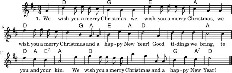 
\version "2.12.3"

% \include "default.ly"

\header {
%  title="We Wish You A Merry Christmas"
%  composer="Text und Melodie: Traditionell aus England"
  tagline = ""
}


Melodie=\relative c' {
  \partial 4 a'4     d d8 e d cis      | % 1
  b4 b b      | % 2
  e e8 fis e d      | % 3
  cis4 a a      | % 4
  fis' fis8 g fis e      | % 5
  d4 b a8 a      | % 6
  b4 e cis      | % 7
  d2      
  a4       | % 7
  d d d      | % 8
  cis2 cis4 | % 9
  d4  cis b      | % 10
  a2 e'4      | % 11
  fis e8 e d d      | % 12
  a'4
  fis a,8 a      | % 13
  b4 e cis      | % 14
  d2
}
  
  
Akkorde= \chordmode {
    s4
    d2. g2. e2. a d1*4/4 g4 a4 e2 a4 d1*6/4
    a1*3/4 d4 a4 e4:7 a2.  d1. g2 a4:7 d4
}

Text=\lyricmode {
  \set stanza = " 1. "
  We wish you a mer -- ry Christ -- mas,
  we wish you a mer -- ry Christ -- mas,
  we wish you a mer -- ry  Christ -- mas and a hap -- py  New Year!
  Good ti -- dings we bring, to you and your kin.
  We wish you a mer -- ry Christ -- mas  and a hap -- py  New Year!
}


\score{
  <<
    \new ChordNames {\Akkorde}
    \new Voice = "Melodie" {
      \autoBeamOff
      \clef violin
      \key d \major
      \time 3/4
      \Melodie \bar "|."
    }
    \new Lyrics = Strophe \lyricsto Melodie \Text
  >>
  \layout {}
  \midi {\context {  \Score  tempoWholesPerMinute = #(ly:make-moment 110 4)  } }
}
