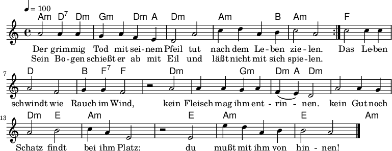 

\version "2.12.3"

\language "deutsch"

\header {
  tagline = ""
%  meter = "120"
}

\layout {
  indent = #0
} 

akkorde = \chordmode {
    \germanChords
    \set chordChanges = ##t
    a2:m d4:7 d:m
    g2:m d4:m a
    d1:m
    a2:m a4:m b
    a1:m
    f
    d
    b4 f:7 f2
    f d:m
    d:m g:m
    d4:m a d2:m
    d1:m
    d2:m e
    a1:m
    a2:m e
    a1:m
    e a2:m
}

global = {
  \autoBeamOff
  \tempo 4 = 100
  \time 4/4
  \key c \major
}

melodie = \relative c'' {
  \global
  \repeat volta 2 {
    a2 a4 a
    g a f e
    d2 a'
    c4 d a h
    c2 a
  }
   c2 c4 c
   a2 f
   g4 g f2
   r2 a
   a4 a g a
   f( e) d2
   a'2 a4 g
   a2 h
   c4 a e2
   r2 e
   e'4 d a h
   h2 a
  \bar "|."
}


text = \lyricmode {
Der grim -- mig Tod mit sei -- nem Pfeil
tut nach dem Le -- ben zie -- len.
Das Le -- ben schwindt wie Rauch im Wind,
kein Fleisch mag ihm ent -- rin -- nen.
kein Gut noch Schatz findt bei ihm Platz:
du mußt mit ihm von hin -- nen!
}

wdh = \lyricmode {
Sein Bo -- gen schießt er ab mit Eil
und läßt nicht mit sich spie -- len.
}

\score {
  <<
    \new ChordNames { \akkorde }
    \new Voice = "Lied" { \melodie }
    \new Lyrics \lyricsto "Lied" { \text }
    \new Lyrics \lyricsto "Lied" { \wdh}
  >>
\midi {}
\layout {}
}
