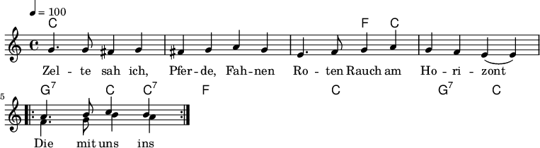 

\version "2.12.3"

\language "deutsch"

\header {
  tagline = ""
}

\layout {
  indent = #0
} 

akkorde = \chordmode {
    \germanChords
    \set chordChanges = ##t
    c1 c c2 f4 c4 c1 g2:7 c4 c4:7
    f1 f1*3/4 c4 c1 g2:7 c2
}

global = {
  \autoBeamOff
  \tempo 4 = 100
  \time 4/4
  \key c \major
}

melodie = \relative c'' {
  \global
  g4. g8 fis4 g
  fis4 g a g
  e4. f8 g4 a
  g4 f e( e)
  \repeat volta 2 {
  <<
      {
        \voiceOne
        a4. h8 c4 h
      }
      \new Voice {
        \voiceTwo
        f4. g8 h4 a
      }
    >>
  }
  \bar ":|."
}


text = \lyricmode {
Zel -- te sah ich, Pfer -- de, Fah -- nen
Ro -- ten Rauch am Ho -- ri -- zont
Die mit uns ins La -- ger ka -- men
Sind das Le -- ben so ge -- wohnt.
}

\score {
  <<
    \new ChordNames { \akkorde }
    \new Voice = "Lied" { \melodie }
    \new Lyrics \lyricsto "Lied" { \text }
  >>
\midi {}
\layout {}
}
