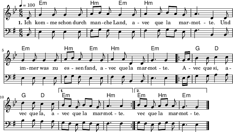 

\version "2.12.3"

\language "deutsch"

\header {
  tagline = ""
}

\layout {
  indent = #0
} 

akkorde = \chordmode {
    \germanChords
    \set chordChanges = ##t
    s8 e1*6/8:m h1*3/8:m e:m h1*6/8:m h1*6/8:m e1*6/8:m h1*3/8:m e:m h1*6/8:m e1*5/8:m
    \repeat volta 2 { e1*1/8:m g1*3/8 d g d } 
    \alternative {
        { e1*6/8:m h1*5/8:m }
        { e1*3/8:m h1*3/8:m e1*6/8:m }
    }
}

global = {
  \autoBeamOff
  \time 6/8
  \tempo 4 = 100
  \key g \major
}

melodie = \transpose e g \relative c' {
  \global
  \partial 8 h8 e4 e8 e4 e8 fis8[ g] fis e4 e8 fis4 fis8 g[ fis] e fis4. h,4 h8 \break
                e4 e8 e4 e8 fis8[ g] fis e4 e8 fis4 fis8 h,4 h8 e4. e4
  \repeat volta 2 { e16[ fis]
                g4 g8 a4 a8 h4 h8 a4 a8 }
  \alternative {
     { g8[ fis] e g8[ fis] e fis4. fis4 }
     { g8[ fis] e fis8[ g] fis e4. e4 }
}
  \bar "|."
}

bass = \relative c {
  \global
  \clef "bass"
  \partial 8 h8 e4 e8 e4 e8 fis8[ g] fis e4 e8 fis4 fis8 g[ fis] e fis4. h,4 h8 \break
                e4 e8 e4 e8 fis8[ g] fis e4 e8 fis4 fis8 h,4 h8 e4. e4
  \repeat volta 2 { e16[ fis]
                g4 g8 a4 a8 h4 h8 a4 a8 }
  \alternative {
     { g8[ fis] e g8[ fis] e fis4. fis4 }
     { g8[ fis] e fis8[ g] fis e4. e4 }
}
  \bar "|."
}

text = \lyricmode {
  \set stanza = "1."
Ich kom -- me schon durch man -- che Land, a -- vec que la mar -- mot -- te. Und im -- mer was zu es -- sen fand, a -- vec que la mar -- mot -- te.
A -- vec que si, a -- vec que la, a -- vec que la mar -- mot -- te. vec que la mar -- mot -- te.
}

\score {
  <<
    \new ChordNames { \akkorde }
    \new Voice = "Lied" { \melodie }
    \new Lyrics \lyricsto "Lied" { \text }
    \new Voice = "Lied" { \bass }
  >>
\layout {}
}

\score {
  \unfoldRepeats
  <<
	\new ChordNames { \akkorde }
	\new Voice = "Lied" { \melodie }
  >>	
  \midi { }
}

