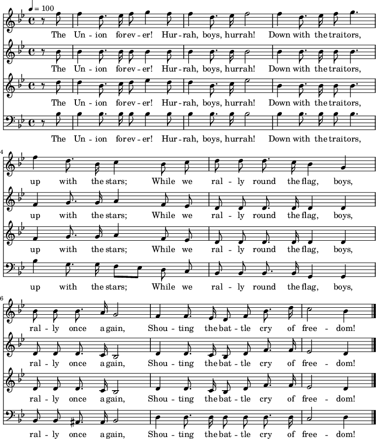 

\version "2.12.3"

\language "deutsch"

\header {
  tagline = ""
}

\layout {
  indent = #0
} 

akkorde = \chordmode {
    \germanChords
    \set chordChanges = ##t

}

global = {
  \autoBeamOff
  \tempo 4 = 100
  \clef treble
  \key b \major
  \time 4/4
}

air = \relative c'' {
  \global
  \partial 4 r8 f f4 d8. es16 f8 g4 f8
  f4 d8. es16 f2
  f4 d8. es16 f8 g4.
  f4 d8. b16 c4 b8 c
  d8 d d8. c16 b4 g
  b8 b b8. a16 g2
  f4 f8. es16 d8 f b8. d16
  c2 b4
  \bar "|."
}

alto = \relative c'' {
  \global
  \partial 4 r8 b b4 b8. b16 b8 b4 b8
  b4 b8. b16 b2
  b4 b8. b16 b8 b4.
  f4 g8. g16 a4 f8 es
  d8 d d8. d16 d4 d
  d8 d d8. c16 b2
  d4 d8. c16 b8 d f8. f16
  es2 d4
  \bar "|."
}

tenor = \relative c'' {
  \global
  \partial 4 r8 d d4 b8. c16 d8 es4 d8
  d4 b8. c16 es2
  b4 b8. b16 b8 b4.
  f4 g8. g16 a4 f8 es
  d8 d d8. d16 d4 d
  d8 d d8. c16 b2
  d4 d8. c16 b8 d f8. f16
  es2 d4
  \bar "|."
}

bass = \relative c' {
  \global
  \clef "bass"
  \partial 4 r8 b b4 b8. b16 b8 b4 b8
  b4 b8. b16 b2
  b4 b8. b16 b8 b4.
  b4 g8. g16 f8[ es] d8 c
  b8 b b8. b16 g4 g
  b8 b ais8. ais16 b2 %falsch
  d4 d8. d16 d8 d d8. d16 %falsch
  c2 d4 %falsch
  \bar "|."
}

text = \lyricmode {
The Un -- ion for -- ev -- er! Hur -- rah, boys, hur -- rah!
Down with the trai -- tors, up with the stars;
While we ral -- ly round the flag, boys, ral -- ly once a -- gain,
Shou -- ting the bat -- tle cry of free -- dom!
}

\score {
  <<
%    \new ChordNames { \akkorde }
    \new Voice = "Lied" { \air}
    \new Lyrics \lyricsto "Lied" { \text }
    \new Voice = "Lied" { \alto}
    \new Lyrics \lyricsto "Lied" { \text }
    \new Voice = "Lied" { \tenor}
    \new Lyrics \lyricsto "Lied" { \text }
    \new Voice = "Lied" { \bass}
    \new Lyrics \lyricsto "Lied" { \text }
  >>
\midi {}
\layout {}
}
