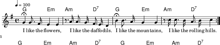 

\version "2.12.3"

\language "deutsch"

\header {
  tagline = ""
}

\layout {
  indent = #0
} 

akkorde = \chordmode {
    \germanChords
    \set chordChanges = ##t
    g2 e:m a:m d:7
    g2 e:m a:m d:7
    g2 e:m a:m d:7
    g2 e:m a:m d:7
}

global = {
  \autoBeamOff
  \tempo 4 = 100
  \time 4/4
  \key g \major
}

melodie = \relative c'' {
  \global
  g4\fermata g8. fis16 e4 e
  r8. a16 a8. g16 fis8. e16 d4
  h'4\fermata h8. a16 g4 g4
  r8. c16 c8. h16 a8. h16 c4
  \bar ":|."
}


text = \lyricmode {
I like the flow -- ers, I like the daf -- fo -- dils.
I like the moun -- tains, I like the rol -- ling hills.
I like the fire -- place, when the light is low.
Dum, di da, di dum, di da, di dum, di da, di dum, di da, di.
}

\score {
  <<
    \new ChordNames { \akkorde }
    \new Voice = "Lied" { \melodie }
    \new Lyrics \lyricsto "Lied" { \text }
  >>
\midi {}
\layout {}
}
